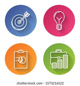 Set line Target, Light bulb with concept of idea, Clipboard with graph chart and Briefcase and coin. Color circle button. Vector