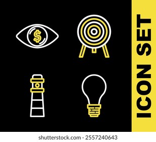 Set line Target, Light bulb with concept of idea, Lighthouse and Eye dollar icon. Vector