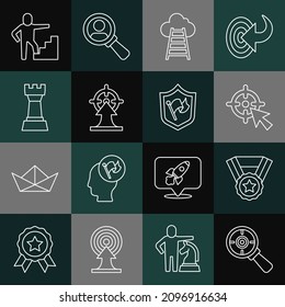 Set line Target with magnifying glass, Medal, Stair finish flag, Chess,  and Shield icon. Vector