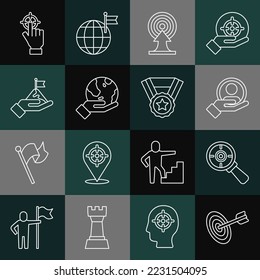 Set line Target, with magnifying glass, Hand for search people, arrow, holding Earth globe, Mountains flag,  and Medal icon. Vector