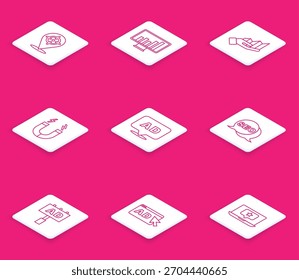 Defina a linha Alvo, Monitor com gráfico, infográfico de Pizza, Ímã, Publicidade, otimização de SEO e ícone. Vetor