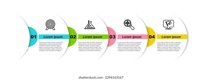 Set line Target, Gebirge mit Fahne, Lupe und Flagge. Infografik-Vorlage für Unternehmen. Vektorgrafik