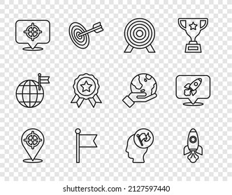 Set line Target, Rocket ship, Flag, Medal, Hand holding flag and icon. Vector