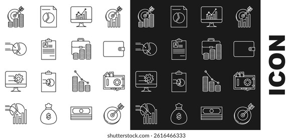 Set line Target, Safe and money, Wallet, Computer monitor with graph chart, Clipboard resume, Pie infographic, coin symbol and Briefcase icon. Vector