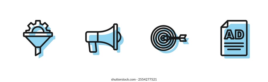 Set line Target, Sales funnel with gear, Megaphone and Advertising icon. Vector