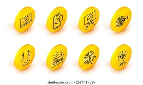 Definir alvo linha, otimização de SEO, ímã, placa com gráfico gráfico, classificação de revisão móvel e ícone de estrela do laptop. Vetor