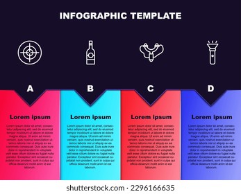 Fijar la línea Deportes Target, Botella de vodka, Slingshot y Flashlight. Plantilla de infografía empresarial. Vector