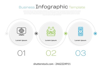 Set line Target sport, Bulletproof vest and Dynamite and timer clock. Business infographic template. Vector