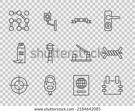 Set line Target sport, Bulletproof vest, Thief eye mask, Lock and key, Graphic password protection, Watch tower, Passport and Barbed wire icon. Vector
