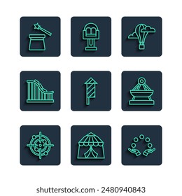 Set line Target sport, Circus tent, Juggling ball, Hot air balloon, Firework rocket, Roller coaster, Magic hat and wand and Boat swing icon. Vector