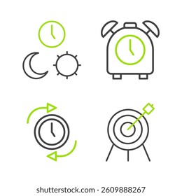 Set line Target sport, Clock with arrow, Alarm clock and Day and night time icon. Vector