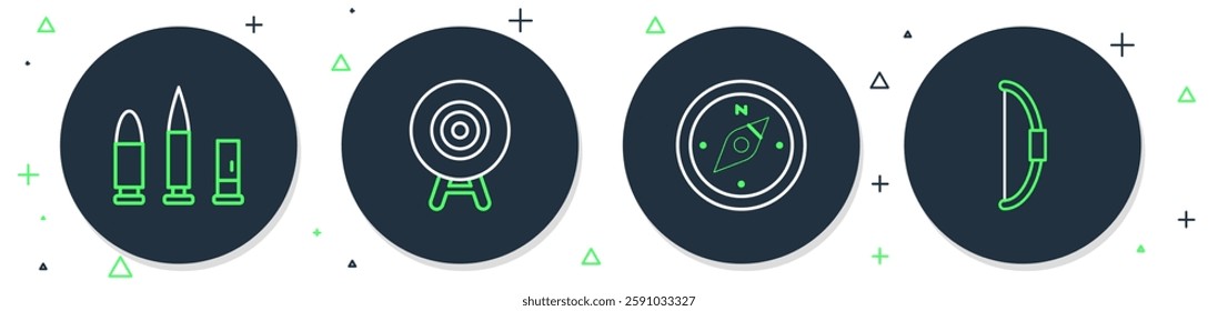 Set line Target sport, Compass, Bullet and cartridge and Bow icon. Vector