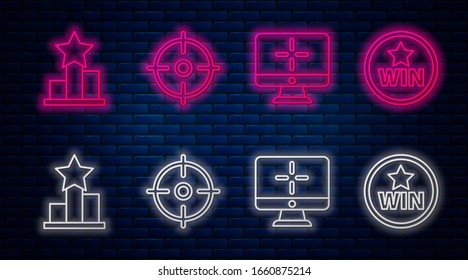Set line Target sport, Computer monitor, Star and Medal. Glowing neon icon on brick wall. Vector