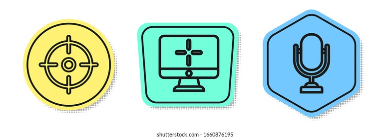 Establecer línea Destino deportivo, monitor de ordenador y micrófono. Formas coloreadas. Vector