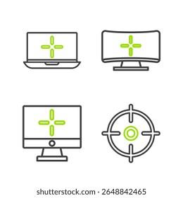 Set line Target sport, Computer monitor,  and Laptop icon. Vector