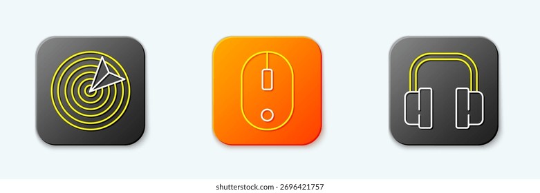 Establecer línea Target deporte, ratón de ordenador y auriculares icono. Vector