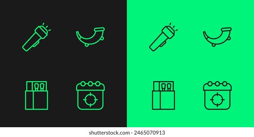 Set line Target sport, Open matchbox and matches, Flashlight and Hunting horn icon. Vector