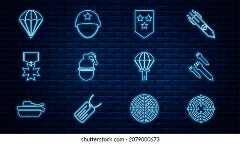 Set line Target sport, Rocket, Chevron, Hand grenade, Military reward medal, Parachute,  and helmet icon. Vector
