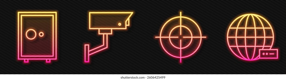 Set line Target sport, Safe, Security camera and Social network. Glowing neon icon. Vector