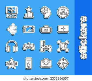 Set line Zielsport, Share, Laptop, Head Jagd Konzept, Portable Videospiel-Konsole, Teil des Puzzles und Ar, Augmented Reality-Symbol. Vektorgrafik