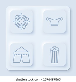 Set line Target sport for shooting competition, Jester hat with bells, Circus tent and Popcorn in cardboard box. White square button. Vector