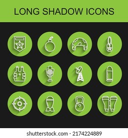 Set Line Target Sport For Shooting Competition, Aviation Bomb, Chevron, Kettlebell, Binoculars, Human Target, Bullet And Radar Icon. Vector