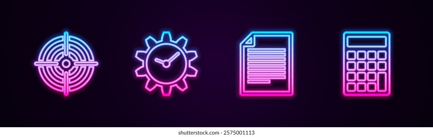 Set line Target sport, Time Management, Document and Calculator. Glowing neon icon. Vector