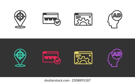 Set line Target sport, Website template, Browser setting and Advertising on black and white. Vector