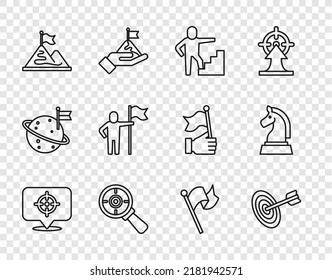 Set line Target, Stair with finish flag, magnifying glass, Mountains, Man holding, Flag and Chess icon. Vector