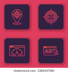 Set line Target, Website statistic,  and Advertising. Blue square button. Vector