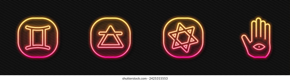 Set line Tarot cards, Gemini zodiac, Air element and Hamsa hand. Glowing neon icon. Vector