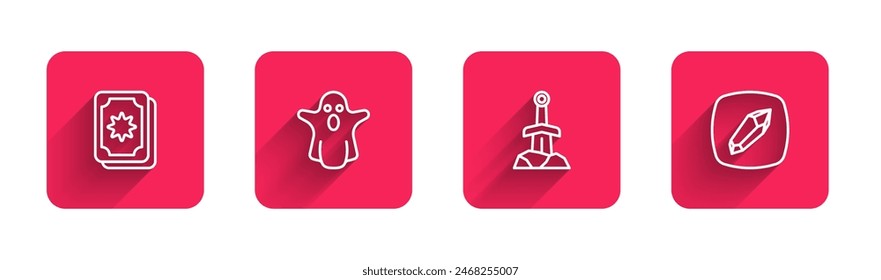 Set line Tarot cards, Ghost, Sword in the stone and Magic with long shadow. Red square button. Vector