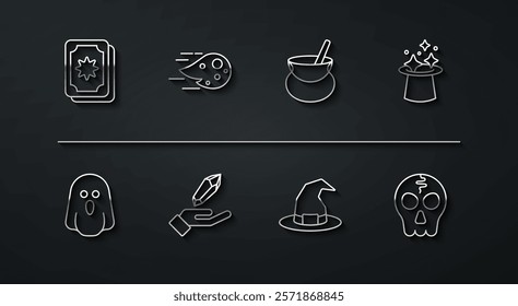Set line Tarot cards, Ghost, Magic hat, Witch, stone, Fireball, Skull and cauldron icon. Vector