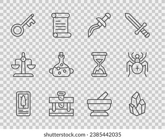 Set Linie Tarot Karten, Magic Stein, Dagger, Flasche mit Gift, Alter Schlüssel, Gift in Flasche, Mortar und Pestle und Spider Symbol. Vektorgrafik