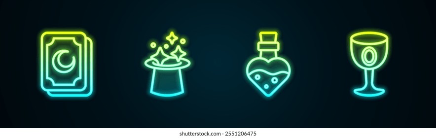 Set line Tarot cards, Magic hat, Bottle with potion and Medieval goblet. Glowing neon icon. Vector