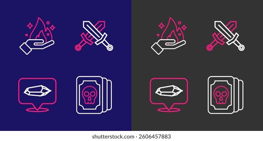 Set line Tarot cards, Magic stone, Crossed medieval sword and Hand holding fire icon. Vector