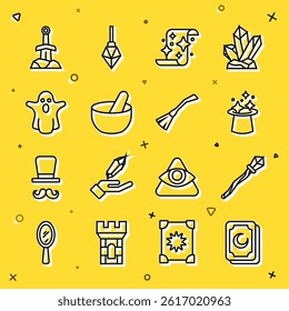 Set line Tarot cards, Magic staff, hat, scroll, Witch cauldron, Ghost, Sword in the stone and Witches broom icon. Vector