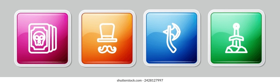 Set line Tarot cards, Magician, Wooden axe and Sword in the stone. Colorful square button. Vector