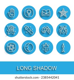 Fijar la línea Tarjetas Tarot, Luna, mano Hamsa, cruz cristiana, vela quemadora, Botella con poción, Spider y icono de la piedra mágica. Vector