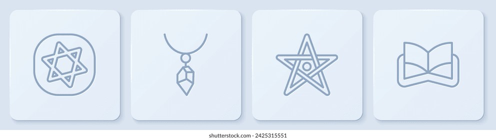 Set line Tarot cards, Pentagram, Necklace with crystal and Ancient magic book. White square button. Vector