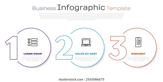 Set line Task list, Laptop and Online book on mobile. Business infographic template. Vector