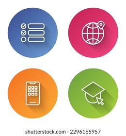 Set line Task list, Location on the globe, Mobile phone and Graduation cap. Color circle button. Vector