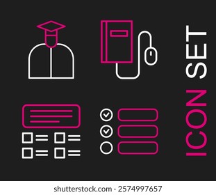 Set line Task list, Online quiz, test, survey, Electronic book with mouse and Student icon. Vector