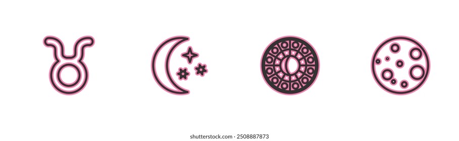 Set line Taurus zodiac, Astrology horoscope circle, Moon and stars and  icon. Vector