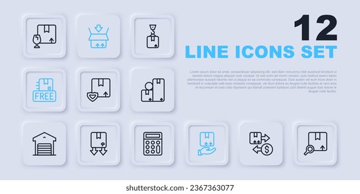 Set line Tax cardboard box, Search package, Delivery security with shield, hand, Cardboard free symbol, traffic, Carton and Calculator icon. Vector