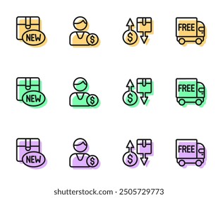 Set line Tax cardboard box, New collection, Buyer and Free delivery service icon. Vector