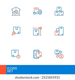Set line Tax cardboard box, Document tracking marker, Carton, Search package, Cardboard measurement,  and Delivery cargo truck icon. Vector