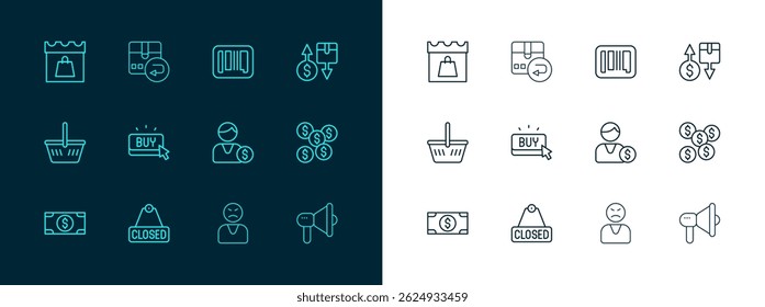 Set line Tax cardboard box, Hanging sign with text Closed, Buyer, Angry customer, button, Barcode, Shopping day and Return icon. Vector