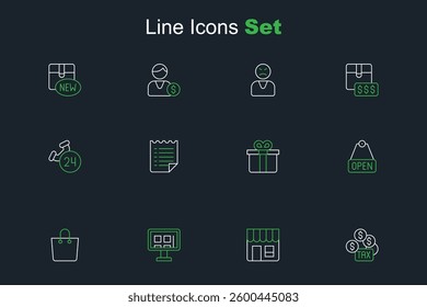 Set line Tax payment, Market store, Online shopping on screen, Paper bag, Hanging sign with text Open, Gift box, Wish list template and Telephone 24 hours support icon. Vector