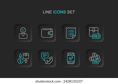 Fijar línea Pago de impuestos, Compras móviles, Teléfono 24 horas de soporte, caja de cartón, Vendido, Plantilla de lista de deseos, Cartera y Icono de cliente enojado. Vector